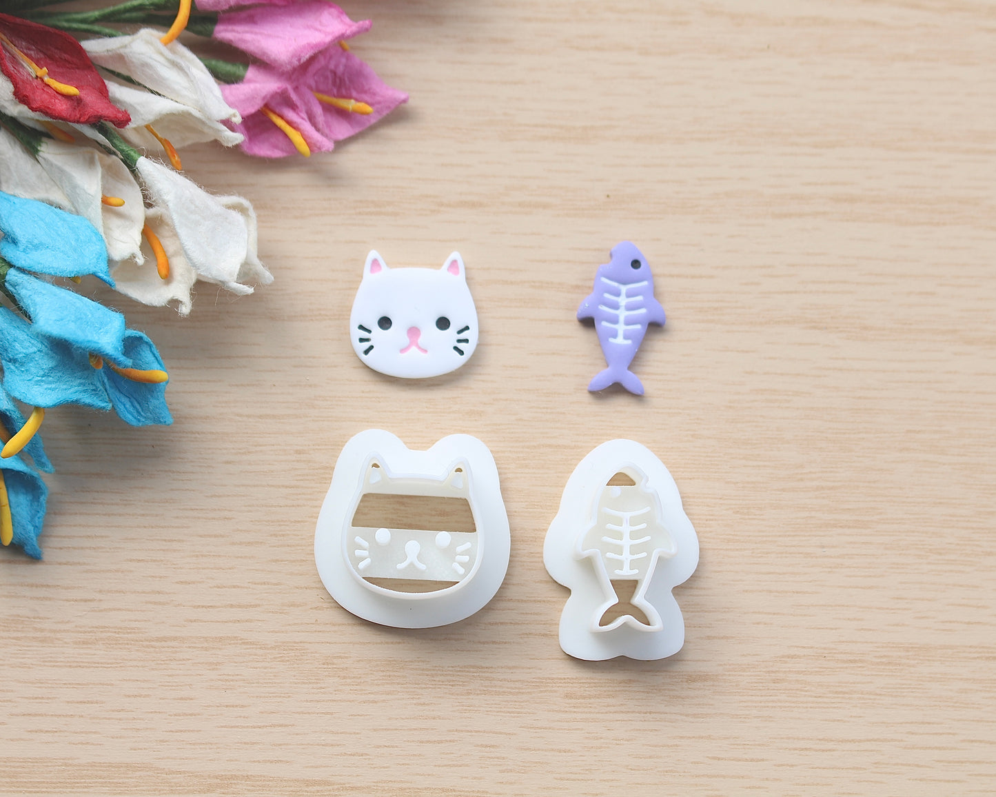 little cat and fish polymer clay stud earring cutter