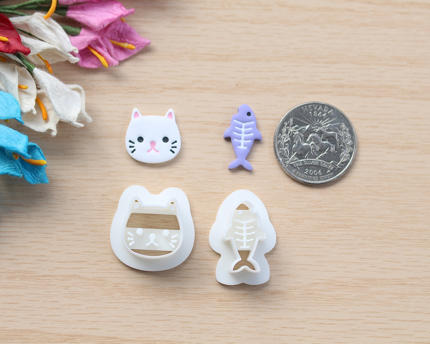 little cat and fish polymer clay stud earring cutter