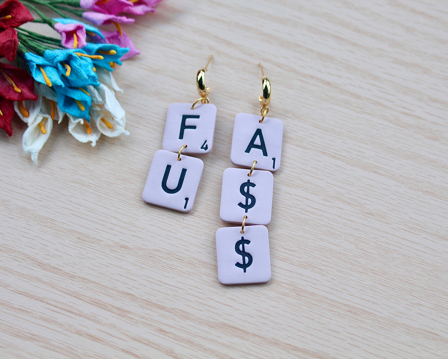 Scrabble tile earrings. MOM, DAD, I LOVE YOU scrabble tile earrings
