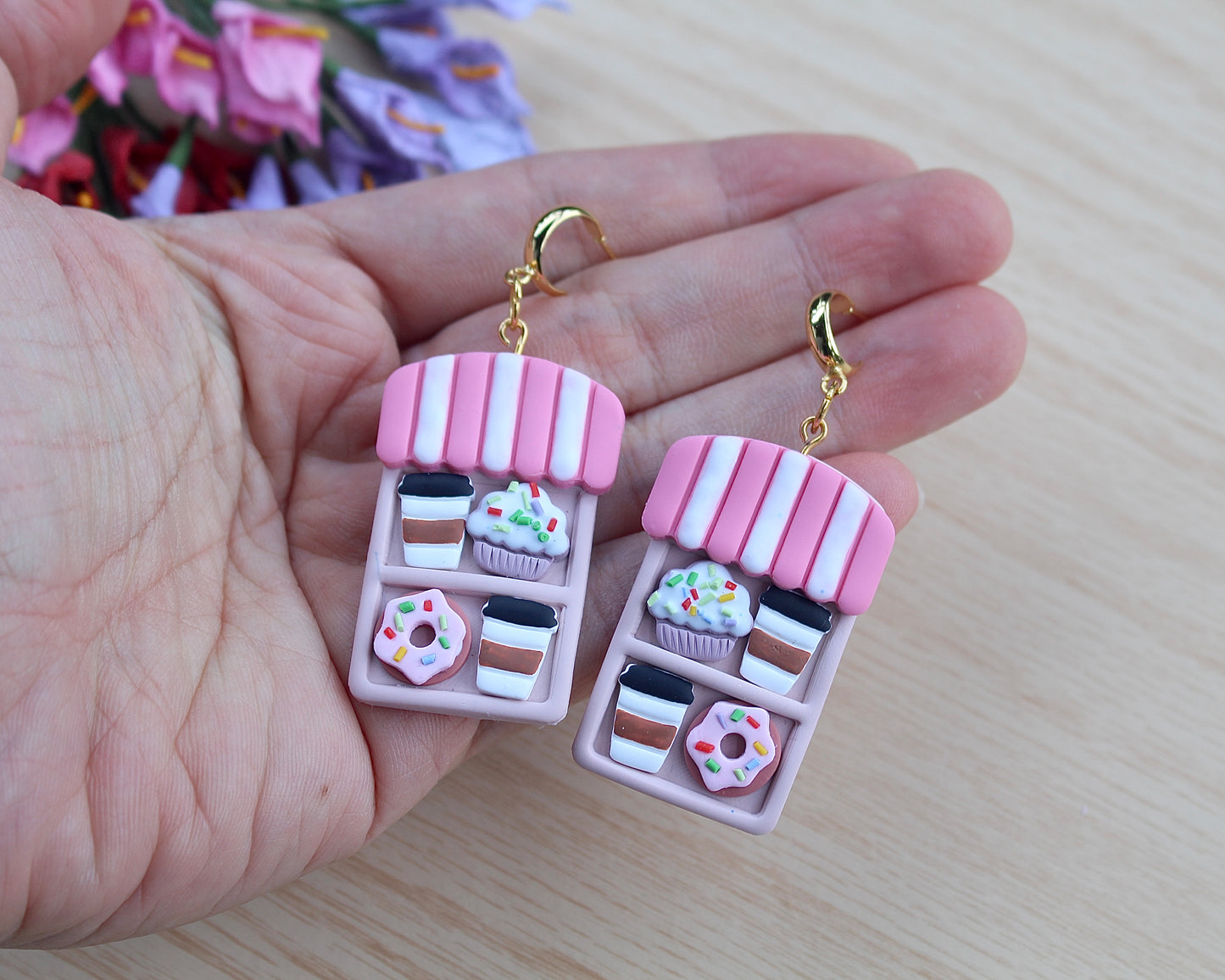 Little stand with donut, coffee cup, and cupcake polymer clay cutter set. Make perfect donut shop earrings or keychains.