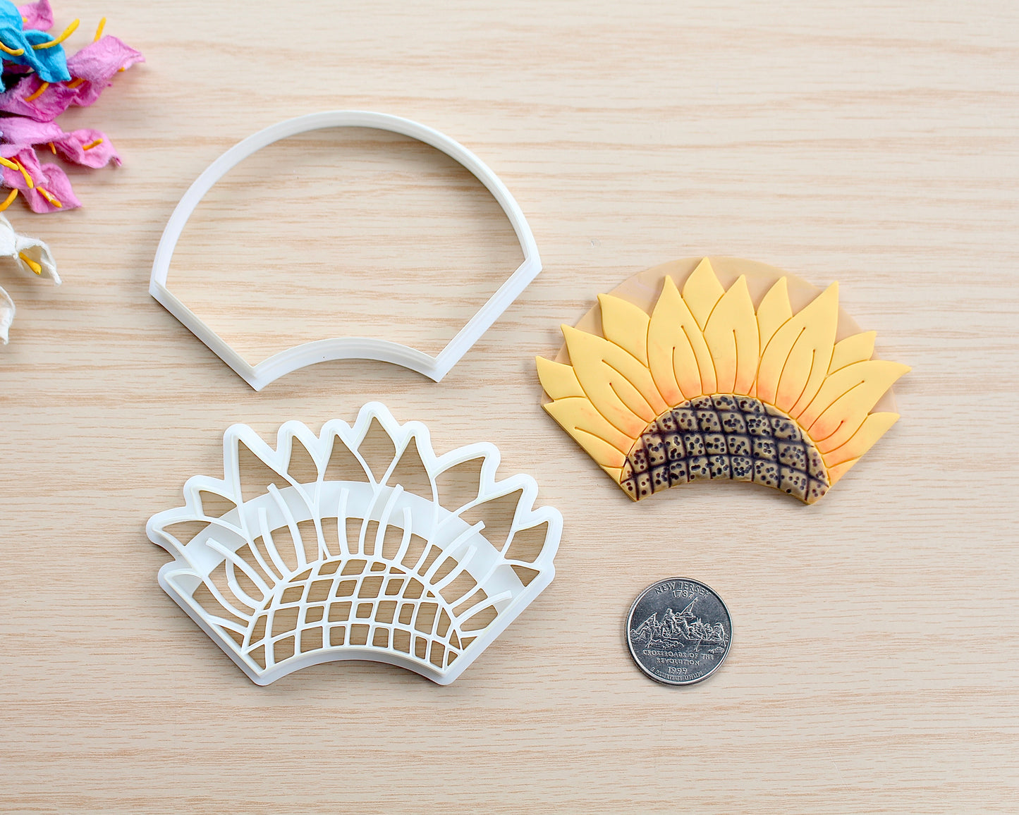 Sunflower Corner Bookmark Polymer Clay Cutter shaped like a sunflower, designed for making polymer clay bookmarks.