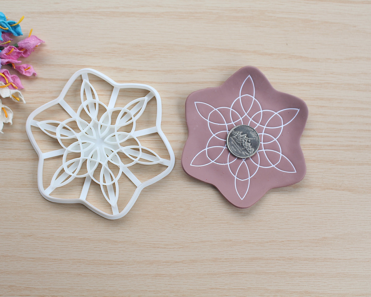 Celtic Snowflake Trinket Dish Polymer Clay Cutter with detailed snowflake and Celtic knot design, used for making polymer clay trinket dishes.