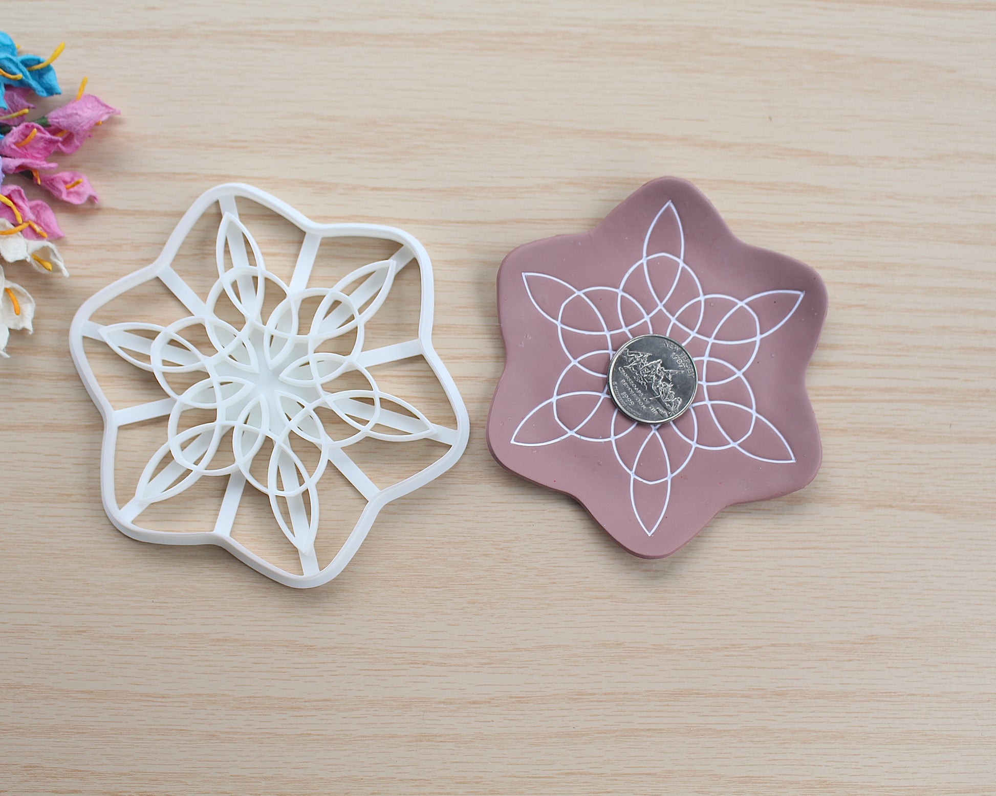 Celtic Snowflake Trinket Dish Polymer Clay Cutter with detailed snowflake and Celtic knot design, used for making polymer clay trinket dishes.