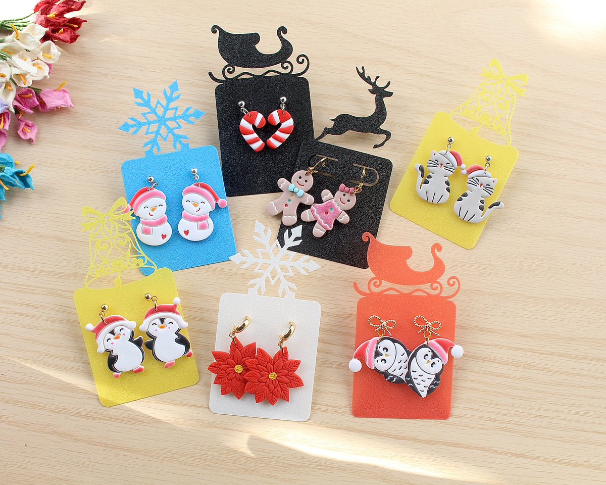 Christmas earring collection: owl, penguin, kitty, poinsettia, snowman, candy cane, gingerbread