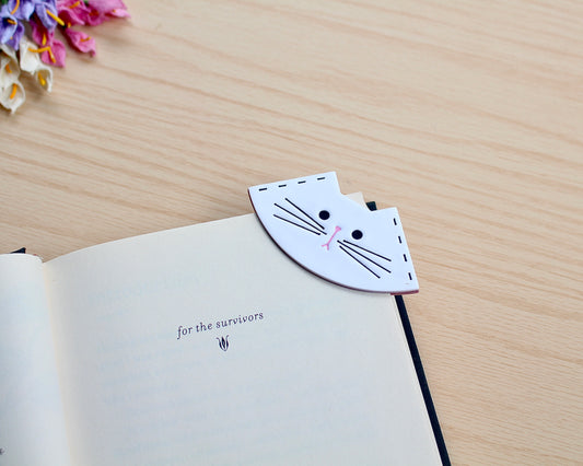 Kitty Corner Bookmark Polymer Clay Cutter in the shape of a cat’s face, designed for making polymer clay bookmarks.