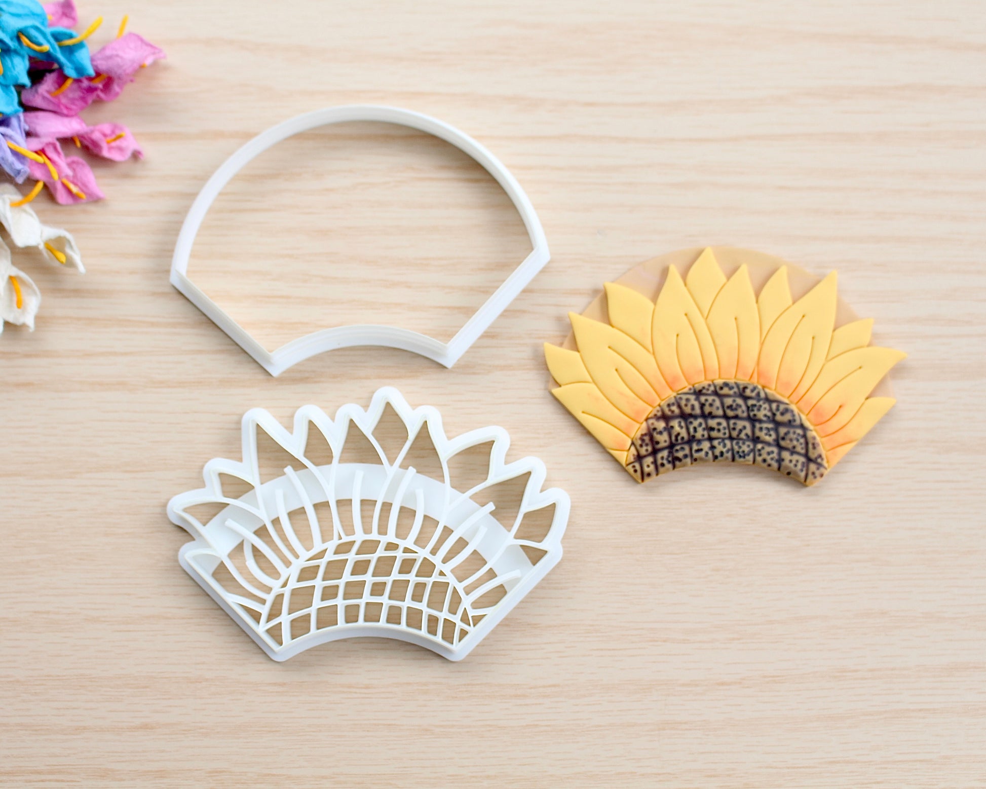 Sunflower Corner Bookmark Polymer Clay Cutter shaped like a sunflower, designed for making polymer clay bookmarks.